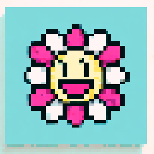 A vibrant, neon cityscape with towering skyscrapers and bustling streets, all in the iconic pixel art style of sRGB and set against a stunningly detailed sunset background