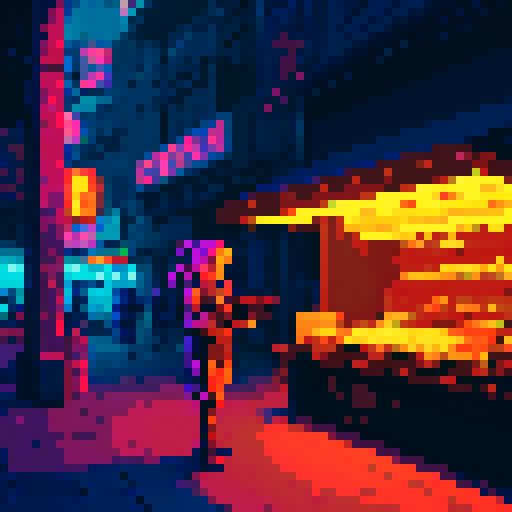 Street merchant assassin girl, neon-lit night market, slicked-back hair, pixelated sniper rifle, fluorescent tattoos, sRGB glow, bustling crowds.
