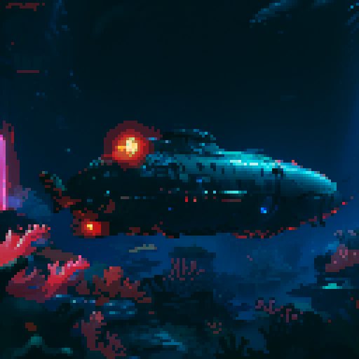 submarine, underwater, colorful, vibrant, retro, 8-bit, pixelated, deep sea, coral reefs, marine life, illuminated, glowing, exploration, portholes, periscope, propellers, mechanical, rivets, vintage, nostalgic