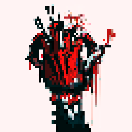 bloody, severed limb, gruesome, red splatters, pixelated, horror, gory detail, low resolution, violence, dark shadows, intense, macabre, graphic, distorted, sRGB colors, textured, unsettling, horror game, pixel art style