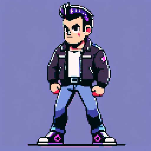 Muscular, tough greaser man with a pompadour hairstyle, wearing a motorcycle jacket, pixel art, sRGB colors, portrait, face avatar