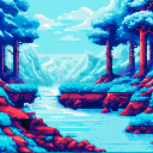 Frozen mountains looming behind a crystal-clear river, icy pine trees swaying in the wind, a small hero standing at the edge of the water, ready to jump into the unknown