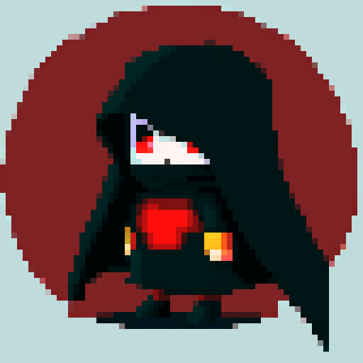 short black cloaked character with red eyes