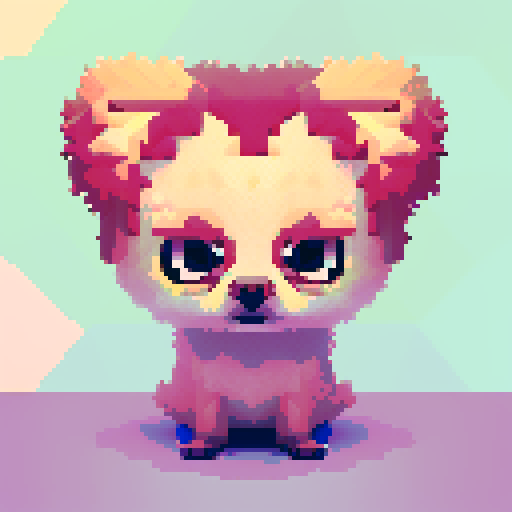 Pomeranian, fluffy, vibrant colors, pixel art, playful expression, lively eyes, tiny paws, animated tail, adorable posture, endearing facial features, intricate pixel details