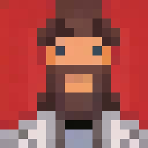 Long, bushy beard and glasses, a programmer intently typing at a desk while his black and white cat lounges on top of his computer tower, all in the style of a retro game icon with a 16x16 pixel art close-up portrait