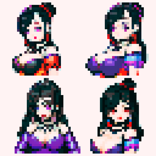 curvy, cute goth girl with black hair, purple eyeshadow, and red lipstick,  glamour shot, rendered in pixel art with vibrant sRGB colors