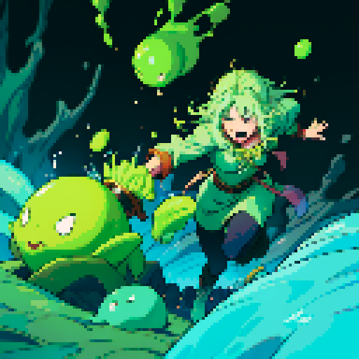 slime surging up around someone, slime engulfing a hero, slime consuming a hero, hero getting engulfed by slime, slime attack, dynamic, slime slamming into someone, impact, splashing slime, full-body image, full-body art, hero's hair and clothing color vary