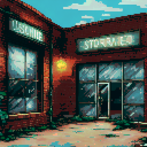 abandoned storefront, nostalgic lighting, pixelated brick walls, cracked windows, overgrown vines, flickering neon sign, empty wooden crates, weathered awning, faded graffiti