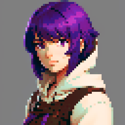 Hooded female archer with short purple hair 
