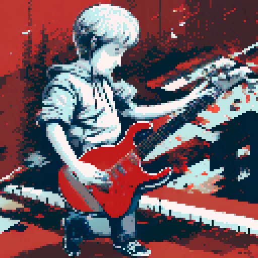 Logo avatar of PetrusDeGrudencz, new electronic music maker and ai designer, sitting boy with guitar with reds in background