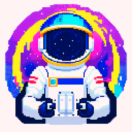 space traveler in vibrant pixel art white spacesuit, with a helmet showcasing a reflective visor, surrounded by swirling galaxies, twinkling stars, and celestial wonders, all rendered in space colorful palette.
