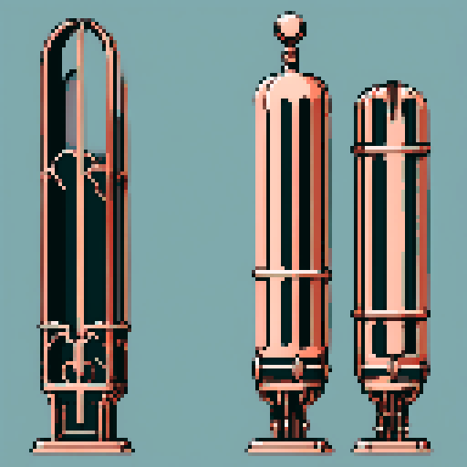 I want a tall vertical copper structure reminiscent of a organ pipe. It should have strange mechanical details that could interlock with each other. I also want this object usable an asset in a videogame, meaning only one object per image, outlined with a strong black stroke, on a solid-color background.