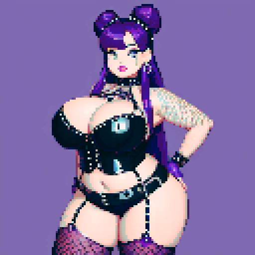 Portrait of Thicc, curvy, busty goth babe with studded collar, long purple hair in buns, fishnet stockings, studded halter top, posing sexy. pixel art, sRGB.
