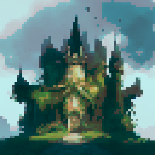 Dreary castle, mist-covered hills, towering turrets, gothic architecture, ominous shadows, moonlit courtyard, overgrown ivy, eerie atmosphere, hauntingly beautiful, melancholic landscape