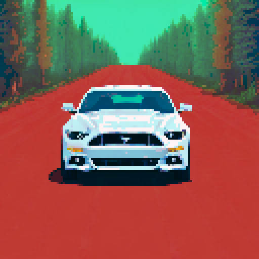 A pixel image of a photorealistic ford mustang car. The car is located in the center of the image and occupies most of the space, we see the front of the car. The car is on the road in the forest