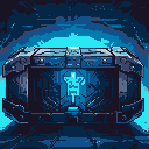mystery box, stone, metall, shiny, pixel art, sRGB, vibrant colors, glowing lights, intricate patterns
