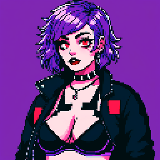 busty goth girl, with purple hair, black eyeshadow and red lipstick. wearing bikini and studded collar, sexy glamour shot, vibrant srgb colors, edgy aesthetic