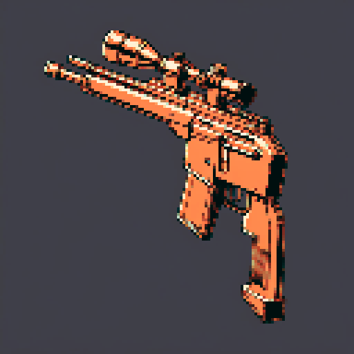 I want a copper rotary machine gun viewed from from the side. I want this object usable an asset in a videogame, meaning only one object per image, outlined with a strong black stroke, on a solid-color background.