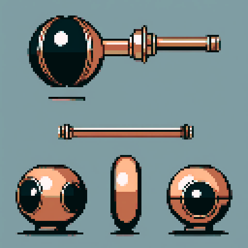 I want a thick copper pipe with a circular ball fitting on one end. I want this object usable an asset in a videogame, meaning only one object per image, outlined with a strong black stroke, on a solid-color background.
