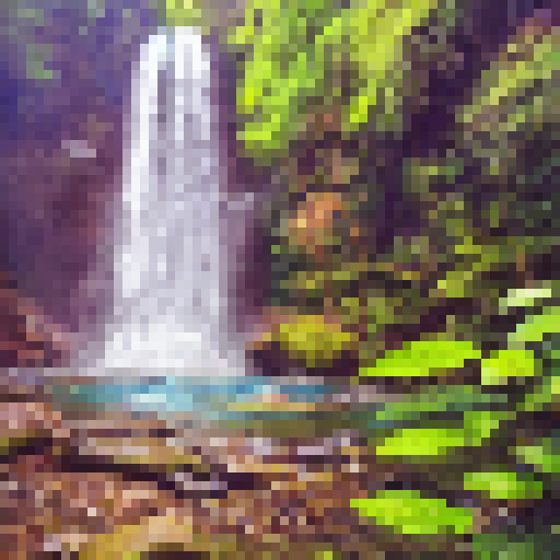 Lush greenery surrounds a powerful and serene majestic waterfall, portrayed in a landscape portrait with vibrant colors and intricate details.