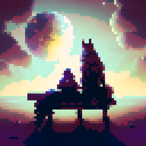 Wolf and man sitting on a bench at night with a moon in the sky