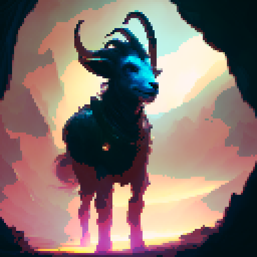 powerful goat-like-unicorn, spiral horn, silhouette in the moonlight, majestic stance, flowing mane, glowing eyes, ethereal glow, mystical forest, enchanting aura