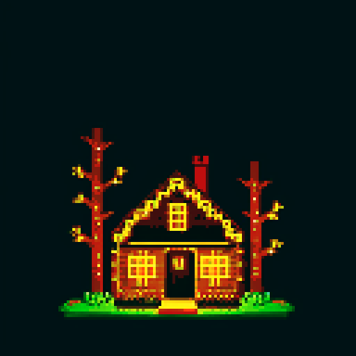house with lights on near forest, night