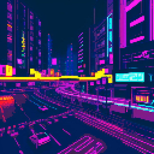 Cyberpunk city, vibey, moody, neon, road