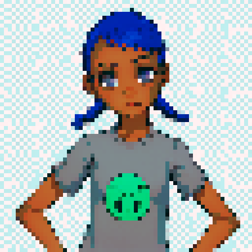 Young black girl with blue pigtails and gray eyes