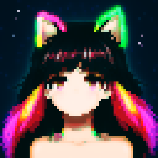 "Pixelated anime girl with fluffy cat ears, surrounded by neon lights and vibrant colors, striking a playful pose with a mischievous glint in her eyes."