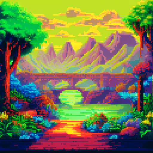 cat, fence, sRGB, pixel art, background, landscape, vibrant colors, intricate details, whimsical, fantasy elements, lush greenery, blooming flowers, golden sunlight, soft clouds, distant mountains, playful butterflies, sparkling river, winding path, dappled shadows, gentle breeze, peaceful atmosphere, charming cottages, meandering stream, quaint bridges