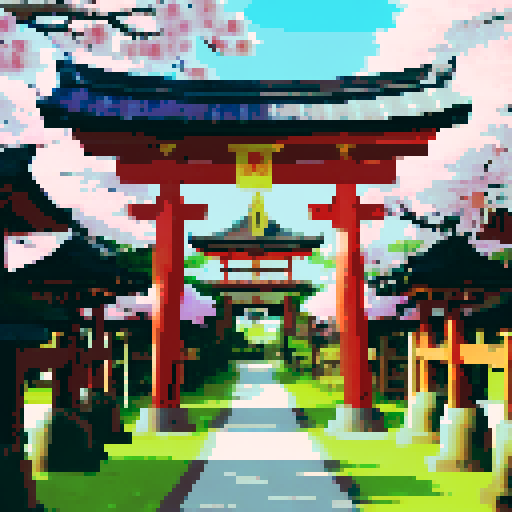 golden shinto shrine, torii gate, golden shinto gate, with a shimmering golden chest behind the gate, cherry blossom trees, lanterns glowing, traditional architecture, intricate details, vibrant colors, pixel art, sRGB
