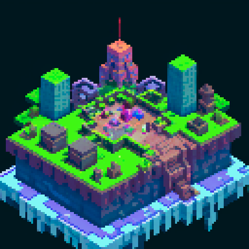 minecraft 2b2t spawn, towering obsidian skyscrapers, graffiti-covered walls, chaotic cobblestone paths, vibrant pixelated landscapes, vibrant pixel art murals, glowing lava pits, eerie nether portals, crumbling ruins, neon-colored signs, glitched-out text, glitched-out pixel art, sRGB color palette, blocky structures, sprawling underground tunnels, floating islands, crumbling bridges, overgrown vegetation, pixelated explosions, player-built structures, scattered loot chests