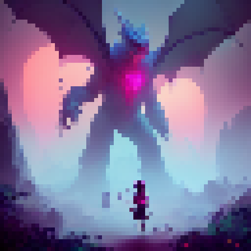 Dragon-breath flowers bloom in a neon forest, guarded by a towering golem and a trio of fairy archers in a whimsical fantasy RPG style.