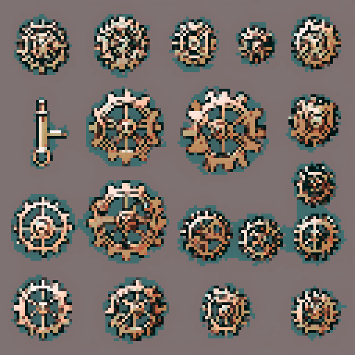 I want a copper gear that looks like it was made by a master clockmaker. It should have strange mechanical details that could interlock with each other. I also want this object usable an asset in a videogame, meaning only one object per image, outlined with a strong black stroke, on a solid-color background.