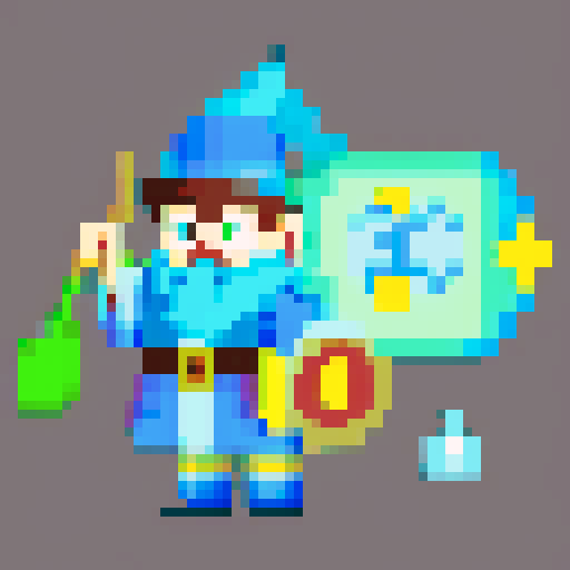 Create a pixel art character of a whimsical wizard, inspired by a cartoon style similar to the provided image. The wizard should wear a blue robe covered with yellow stars and a matching pointy hat. He should have a playful grin