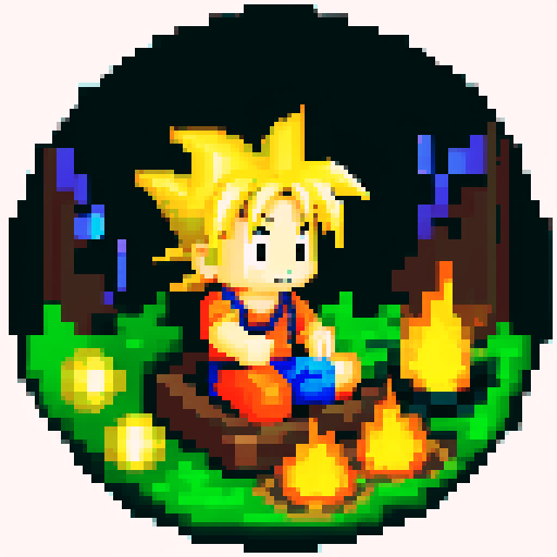 16 bit style pixel art Portrait of Goku sitting down in a campfire site, lush forest, golden hour lighting, Goku gazes into the fire as the light reflects of his clothing. Behind him is a dark, ominous forest, with towering trees and faint, eerie shadows. The cozy atmosphere of the scene is illuminated by the warm, flickering light from the bonfire, rough appearance, low quality, masterpiece, bright colors, pixelated