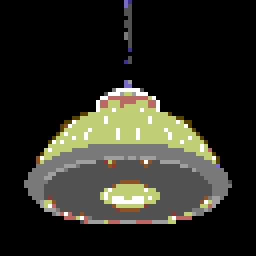 wide silver flying saucer, with twinkling yellow lights, viewed from below at an angle