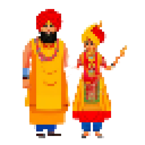 Sikh boy wearing turban and traditional attire, standing beside a curvaceous woman with fiery red hair, both surrounded by vibrant and bold pixelated patterns