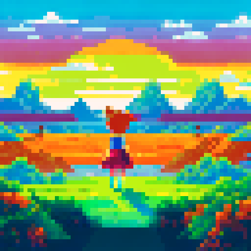 Girl with black hair wearing a black T-shirt and white stockings standing in a pixelated sRGB landscape with towering mountains and a bright, colorful sunset in the background