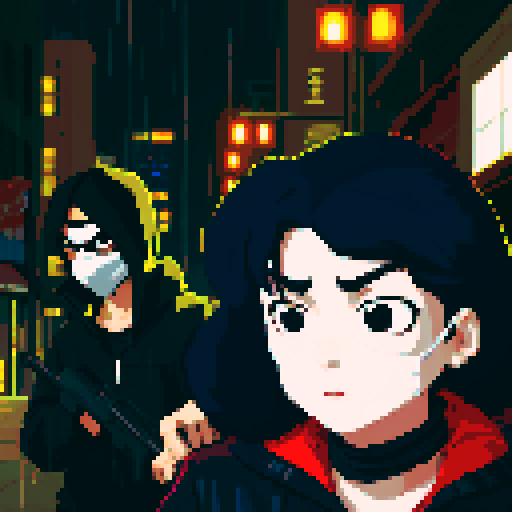 Girl on the right smoking a cigarette, guy on the left holding a gun with a black mask covering his face, gritty, rainy, nighttime, downtown