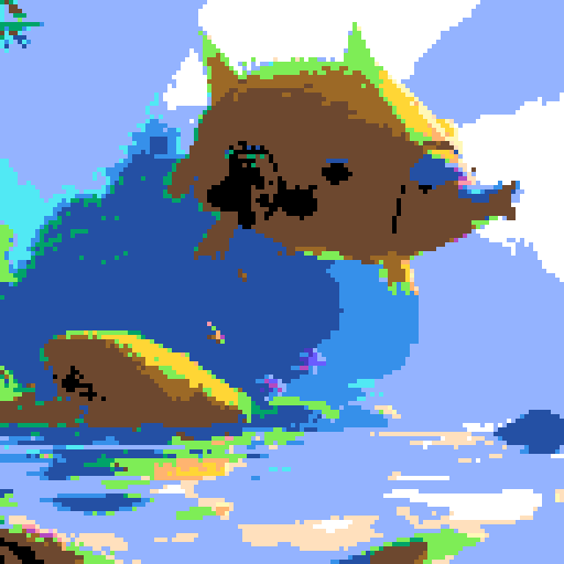 yellow duck in a pond, surrounded by lush greenery and reflecting sunlight in a serene pond with shimmering ripples and pixelated waves, creating a tranquil atmosphere in a picturesque landscape with vibrant colors using intricate pixel art in the sRGB palette