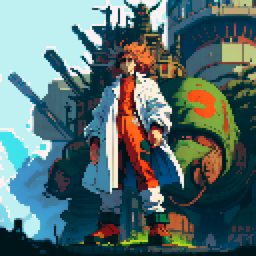 full-body image of a mad scientist with wild hair, lab coat, and goggles, who is facing to the left, giant robot towering in the background, detailed pixel art