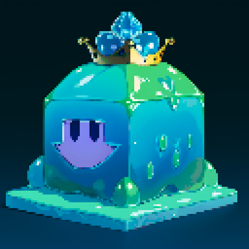 Blue Slime cube, Gelatinous cube, wearing crown, giant Slime, boss fight