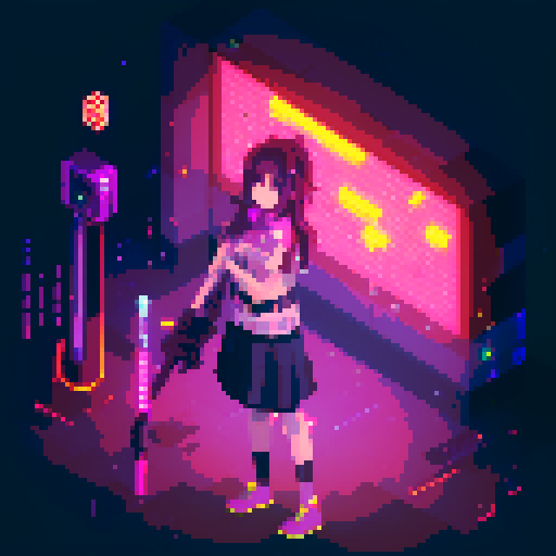  Mage anime girl with flowing hair, fluorescent tattoos, and a pixelated sniper rifle, navigating through a purple neon-lit night market and an sRGB glow