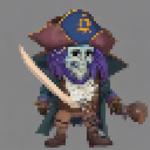 a pirate captain with a blue gemstone eyepatch covering his blind eye and a mechanical and wooden prosthetic leg. He likes to play with his blue gemstone dagger and wears a blue robe leather coat. He bullies a cthulhu-like creature that he keeps in a metal box.