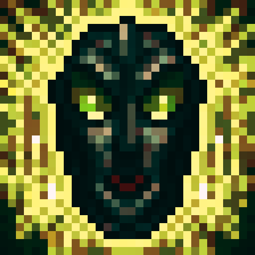 Dracula, sinister and regal, with piercing red eyes, fangs glistening, against a dark, gothic background, in a 32x32 pixel art style, skillfully portrayed in a close-up, captivating portrait