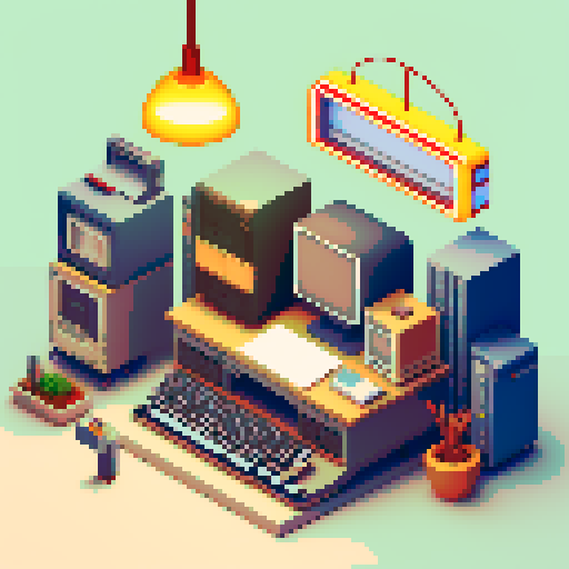 pixelated computer monitor, cluttered desk with stacks of papers, retro office chair, vintage typewriter, neon sign flickering "work hard", coffee mug with pencil sticking out, window with city skyline, fluorescent lights, filing cabinet with open drawers, sticky notes covering the walls, pixelated co-workers chatting by the water cooler, pixel art motivational posters