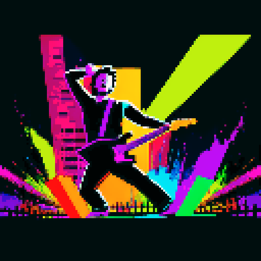 Bruce Springsteen silhouette, bold black lines, vibrant colors, pixelated style, sRGB palette, energetic stage presence, iconic guitar stance, dynamic pixel art rendition, nostalgic 8-bit graphics, electric atmosphere, captivating stage lighting, pixel-perfect details, retro video game vibes, crowd cheering, pulsating rock music, powerful lyrics