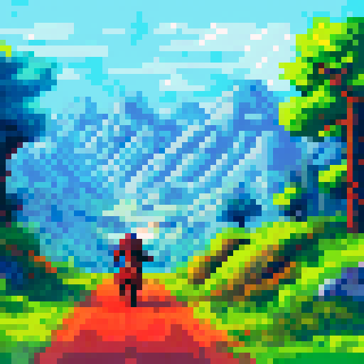 Horseback warrior 赵云 charges through a misty, mountainous battlefield, wielding a long spear and adorned in armor, with the vibrant, pixelated landscape of rolling hills and forests stretching out behind him